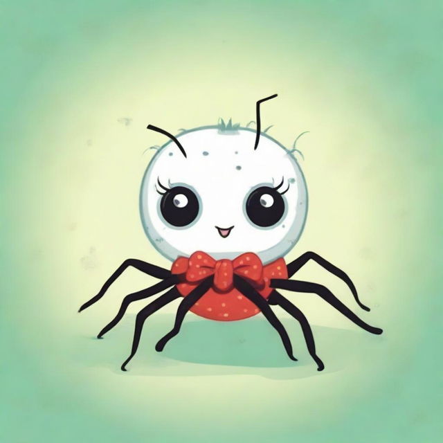 A quirky and whimsical illustration of a girl spider. She's friendly and cute with exaggerated eyes and a small bow on one of her eight legs.