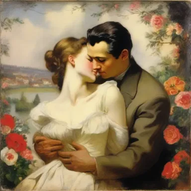 The artist used animize techniques to portray a loving and affectionate embrace between the couple in the romantic painting.