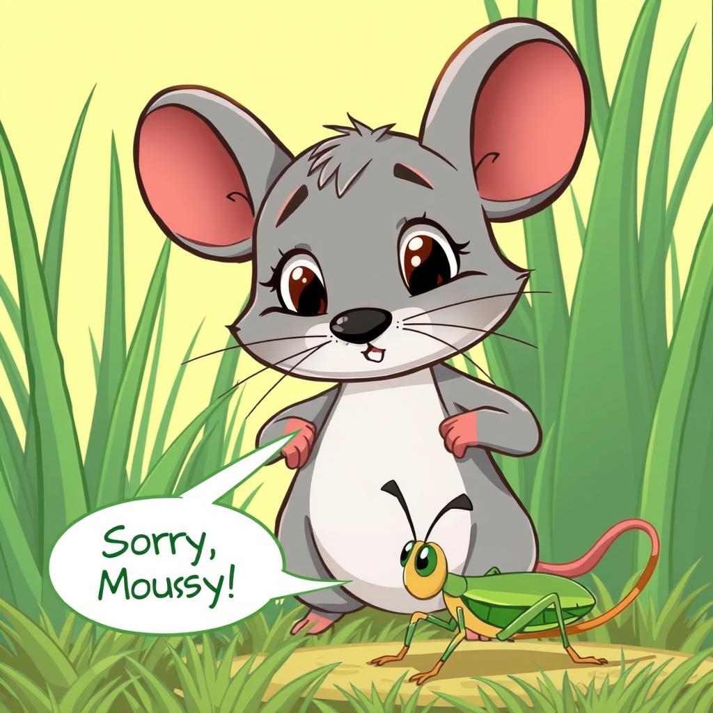 A delightful cartoon scene featuring a charming grey cartoon mouse named Mousey, standing next to a vibrant patch of tall, green grass