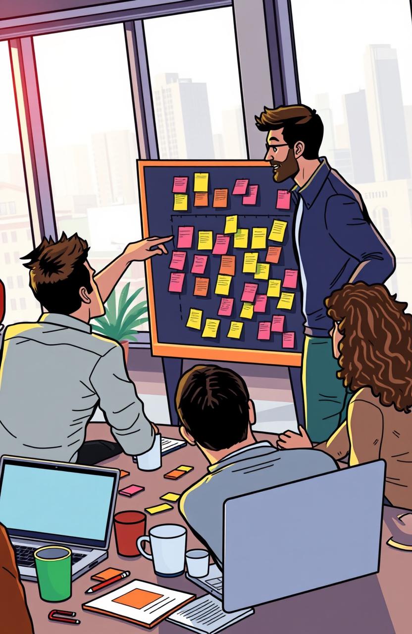 A dynamic and engaging illustration of a diverse group of people collaborating in a Scrum meeting