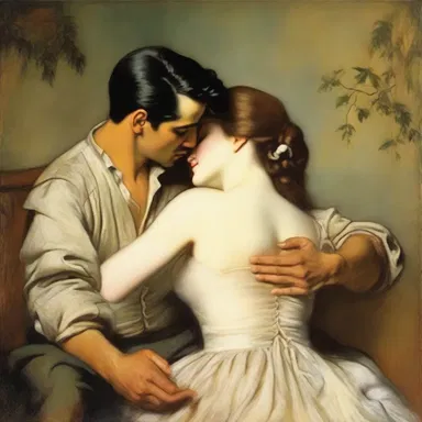 The artist used animize techniques to portray a loving and affectionate embrace between the couple in the romantic painting.