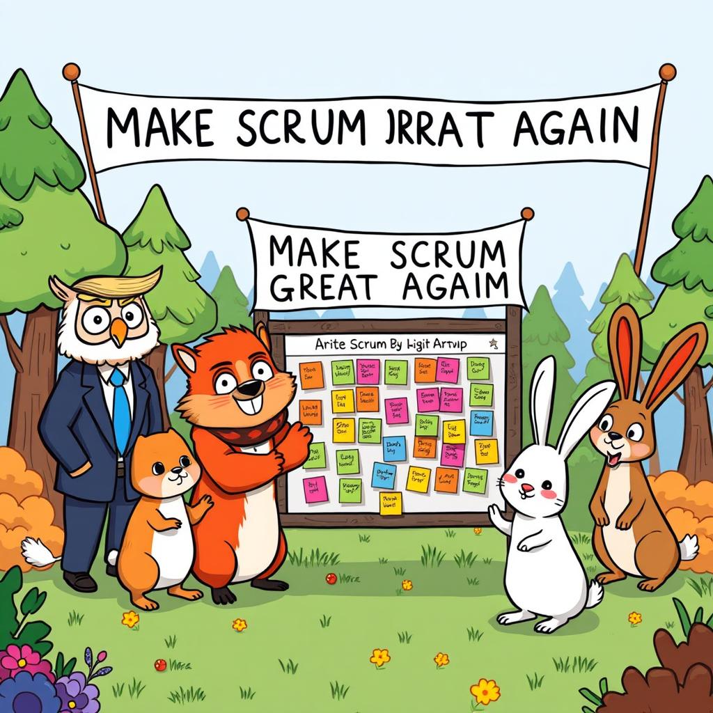A humorous political-themed illustration featuring a group of playful, anthropomorphic animals, each embodying a different role within a Scrum team: a wise owl as the Scrum Master, a clever fox as the Product Owner, and enthusiastic rabbits collaborating as Development Team members, gathering around a scrum board filled with colorful sticky notes