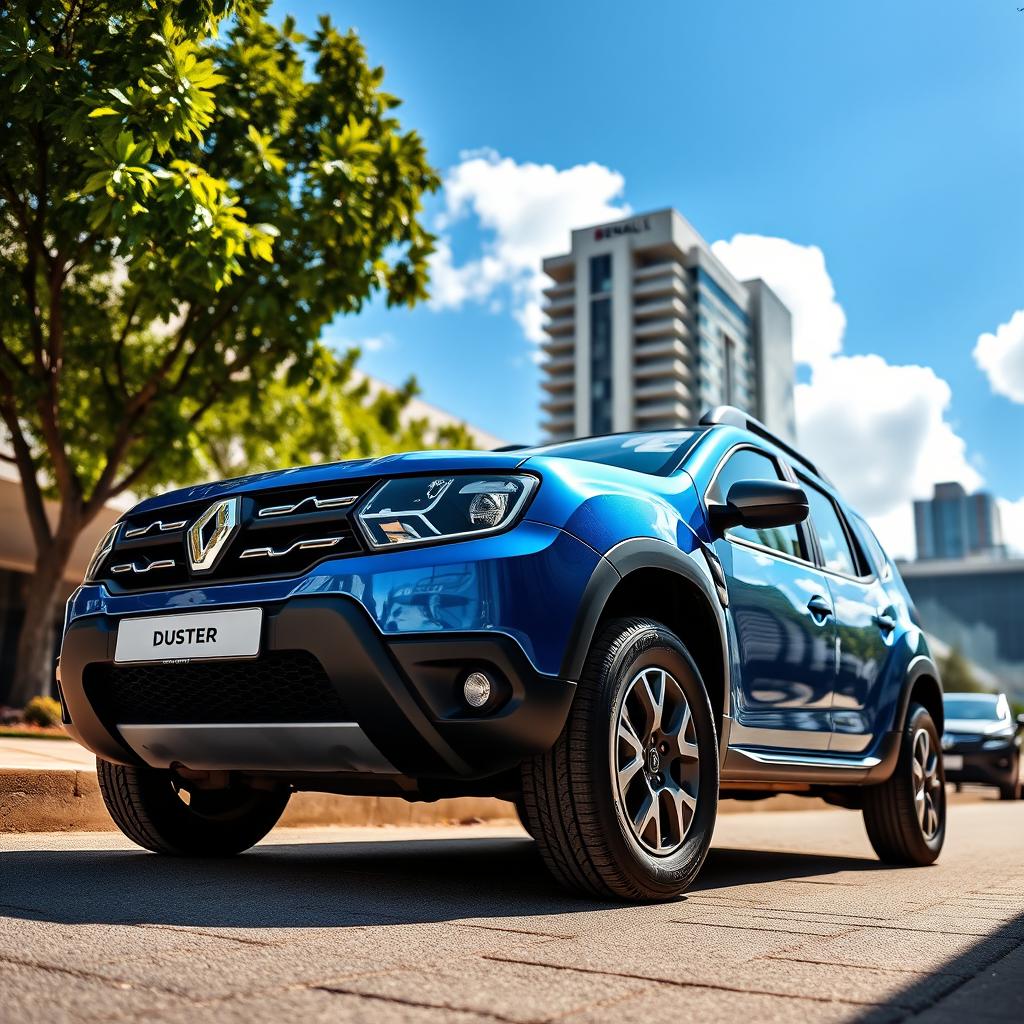 A sleek Renault Duster parked in an urban environment, showcasing its rugged design and distinctive features like the signature front grille and stylish headlights