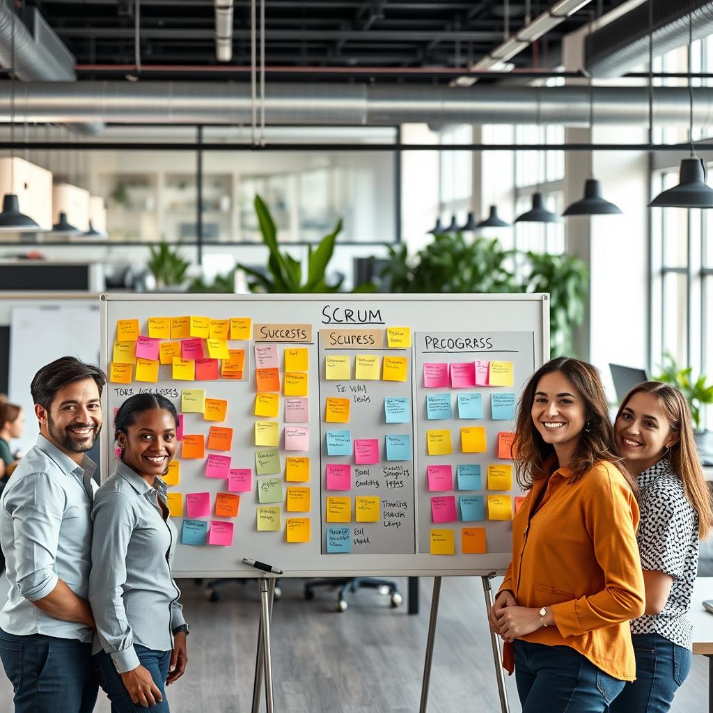 A vibrant office environment featuring a successful Scrum board filled with colorful sticky notes representing tasks and progress