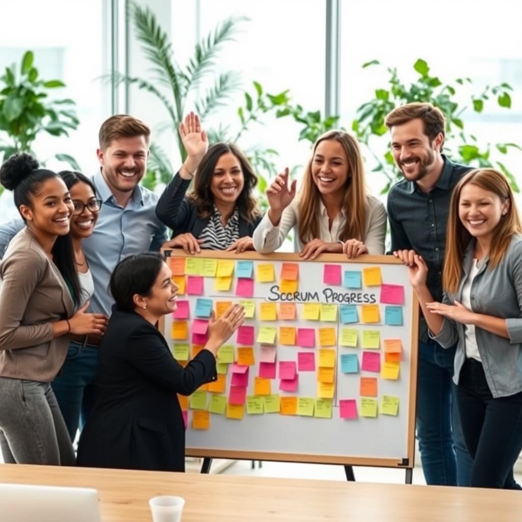 A successful Scrum Board filled with colorful sticky notes, clearly displaying progress