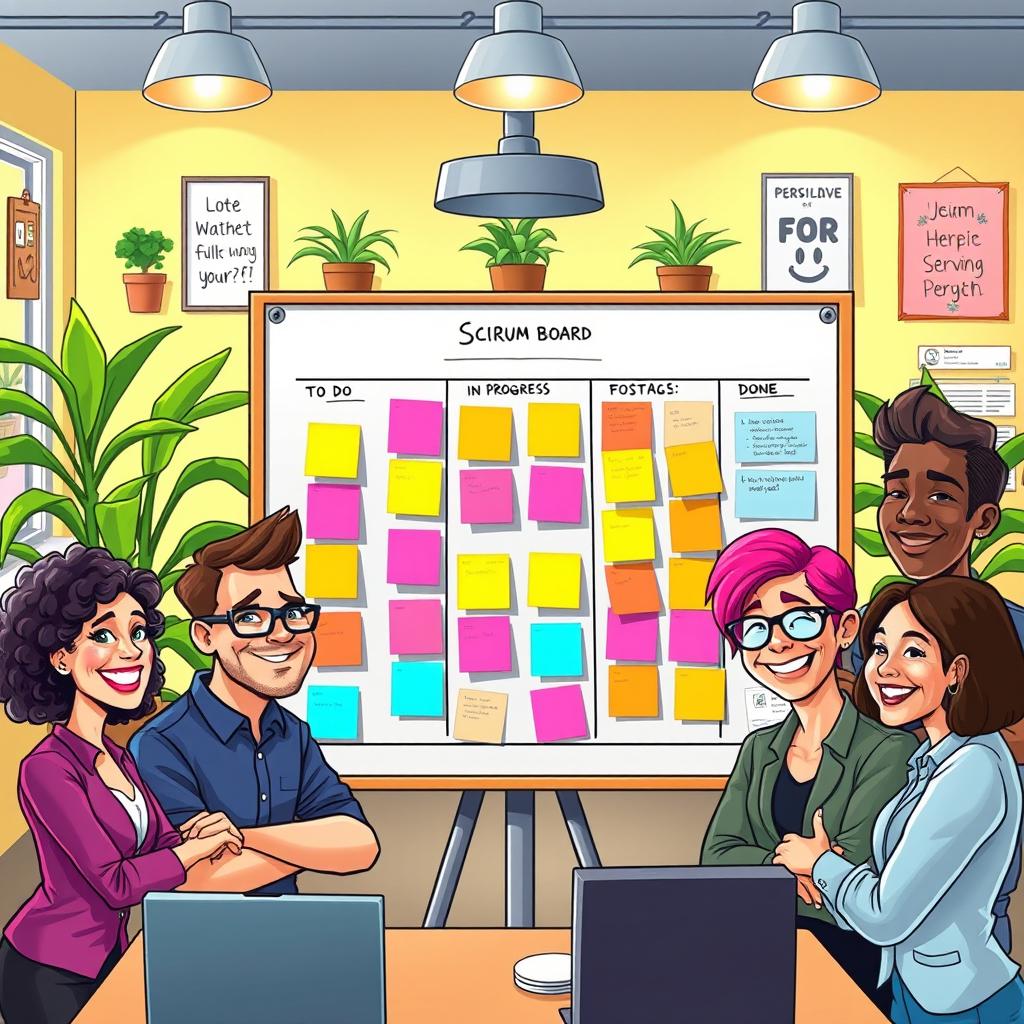 A vibrant cartoon illustration of a Scrum Board filled with colorful sticky notes organized in various stages: To Do, In Progress, and Done