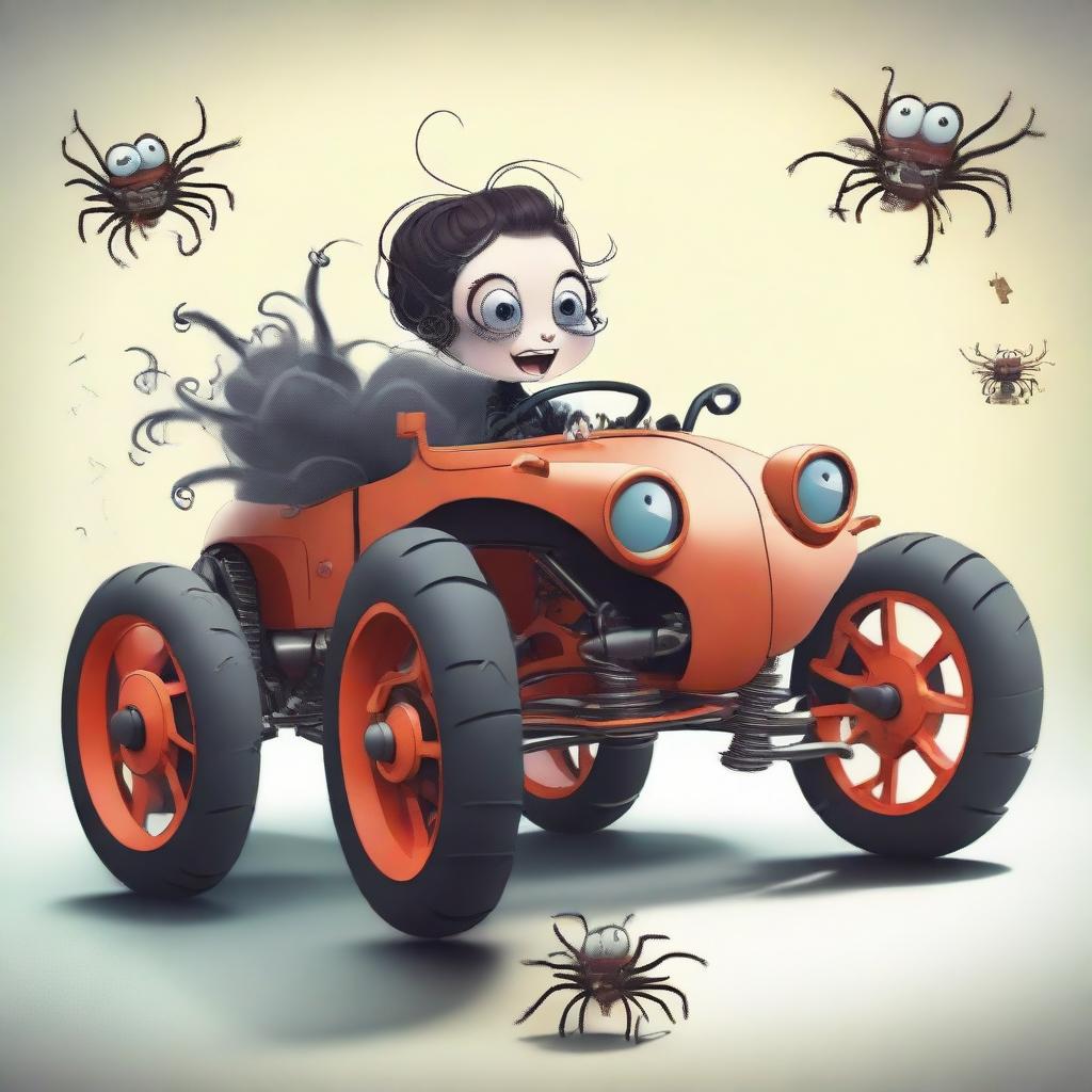 A creative and whimsical image of a cute girl spider driving a HUMO car, with her multiple legs grabbing onto the wheel and gears.