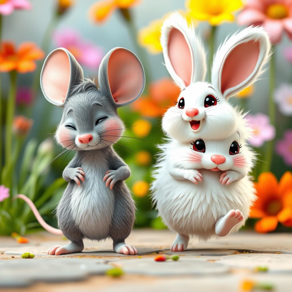 A charming grey cartoon mouse standing beside a fluffy white bunny
