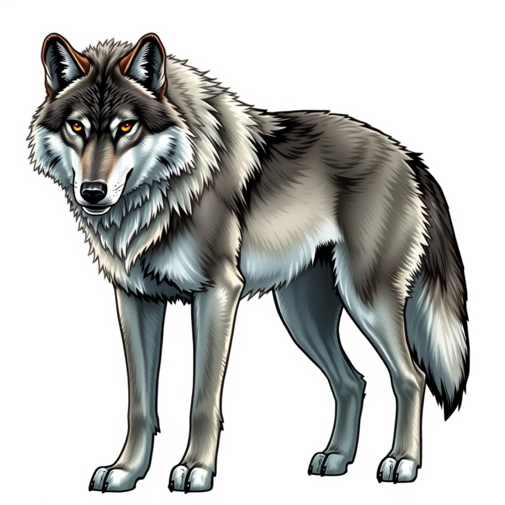 A legendary wolf standing majestically, showcasing its powerful physique and striking features, fur glistening in the light, with piercing eyes and an expressive face that conveys wisdom and strength