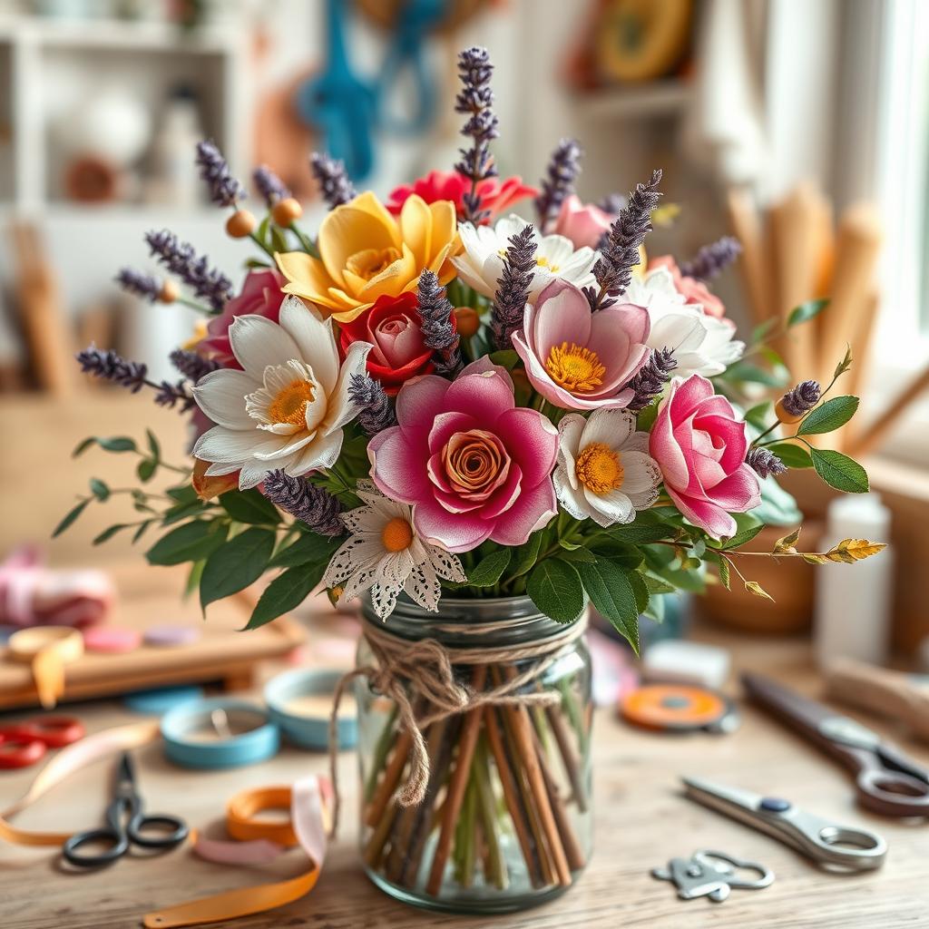 A beautiful and vibrant bouquet crafted from various materials suitable for crafters, featuring colorful paper flowers, fabric blooms, and twigs, artfully arranged in a rustic mason jar