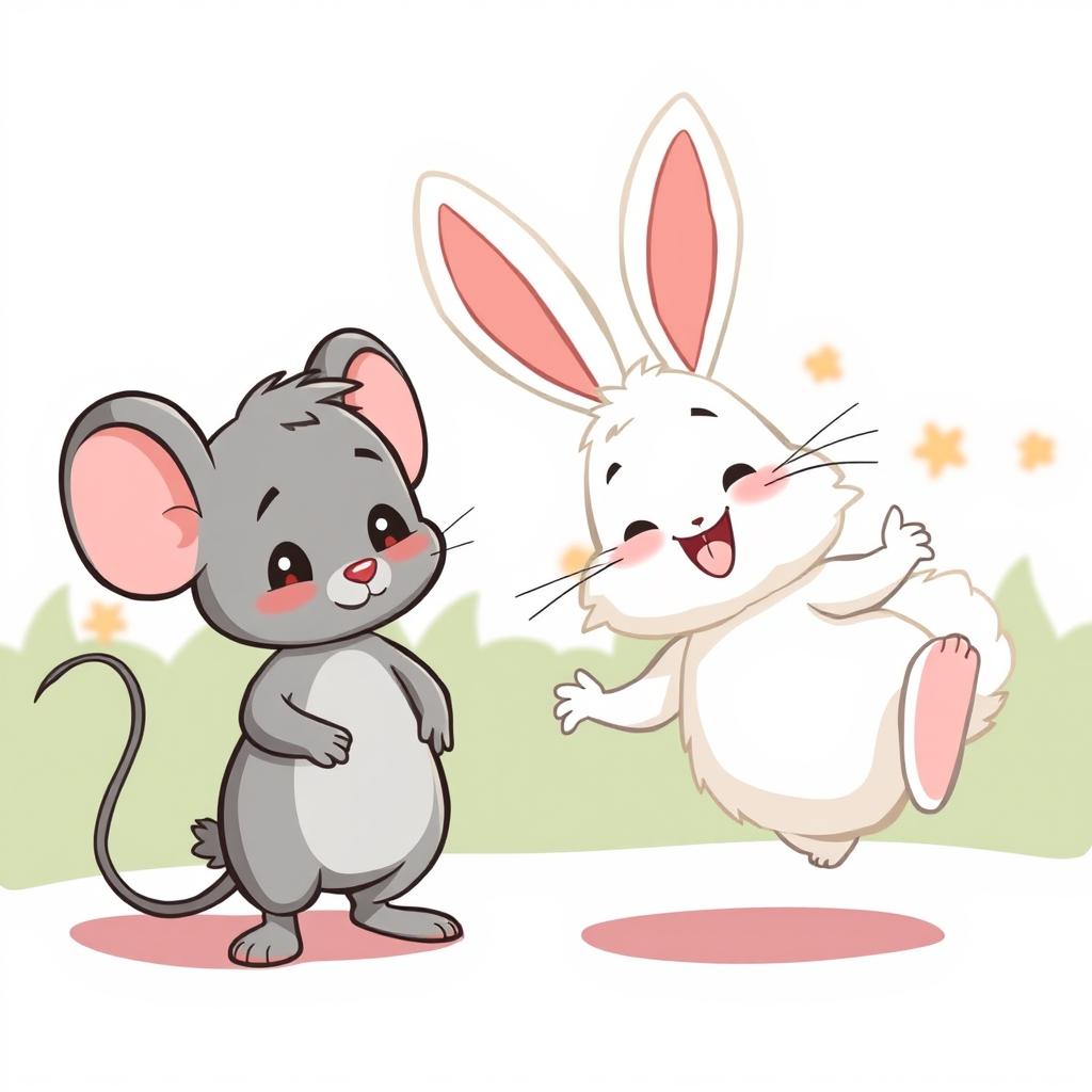 A charming cartoon scene featuring a grey Mousey character standing beside a fluffy white bunny