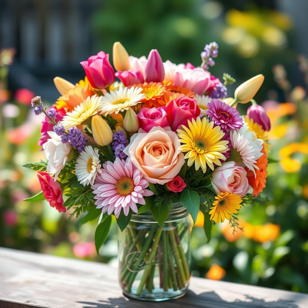 A colorful bouquet arrangement featuring a vibrant mix of fresh flowers such as roses, tulips, daisies, and peonies, creatively arranged in a rustic mason jar