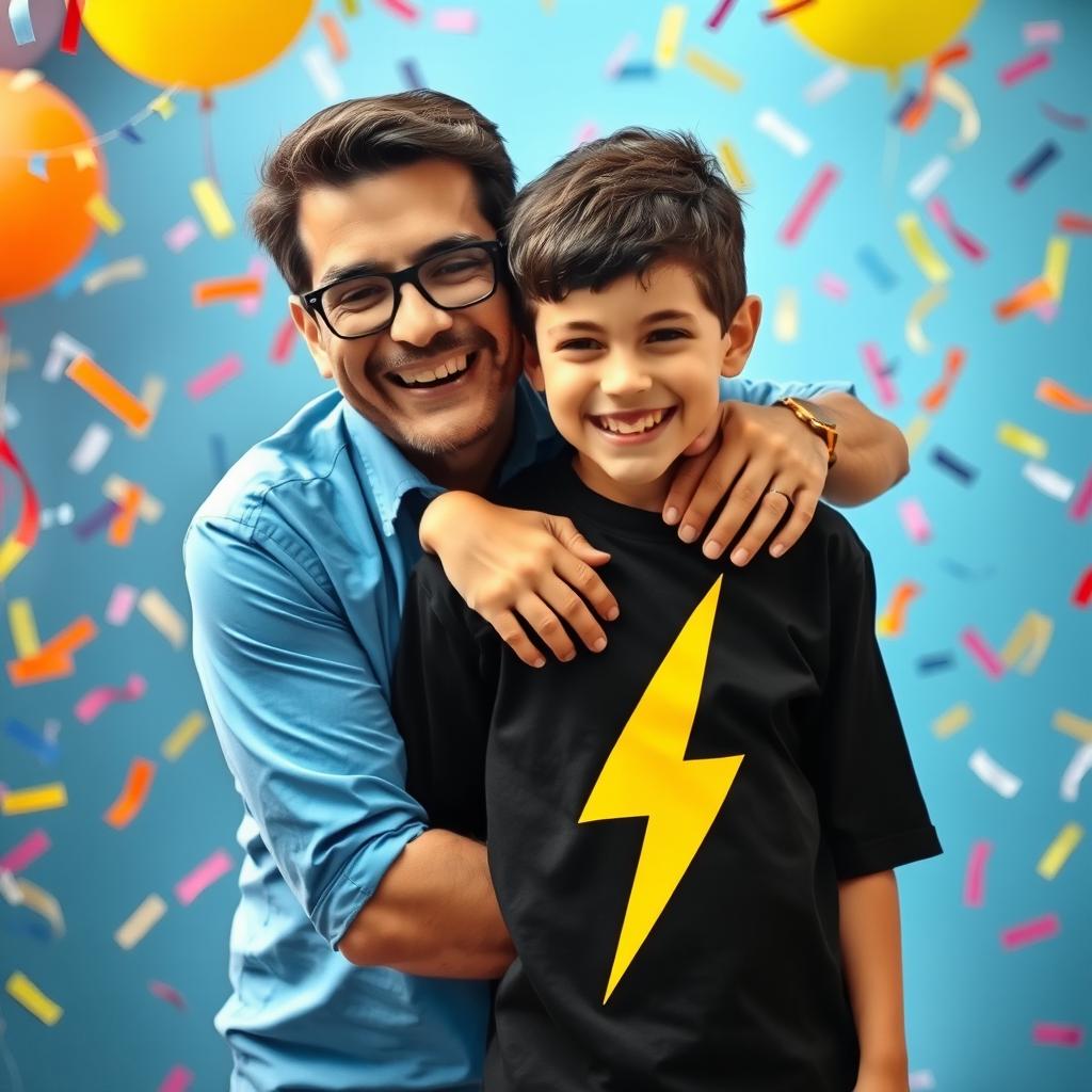 A joyful scene featuring a man in a bright blue shirt, smiling as he embraces a boy dressed in black