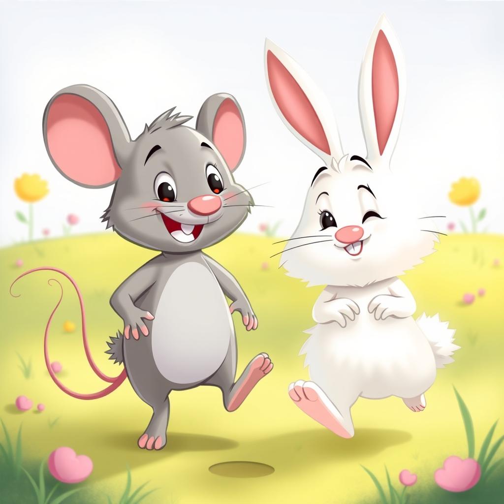 A whimsical cartoon illustration featuring a grey mouse character standing beside a fluffy white bunny