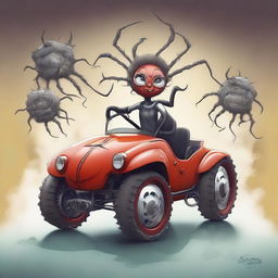 A creative and whimsical image of a cute girl spider driving a HUMO car, with her multiple legs grabbing onto the wheel and gears.