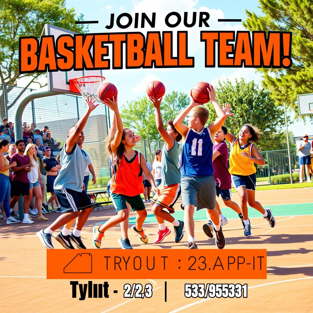 A vibrant and dynamic basketball recruitment poster, featuring a bold image of a diverse group of enthusiastic young athletes playing basketball in an outdoor setting
