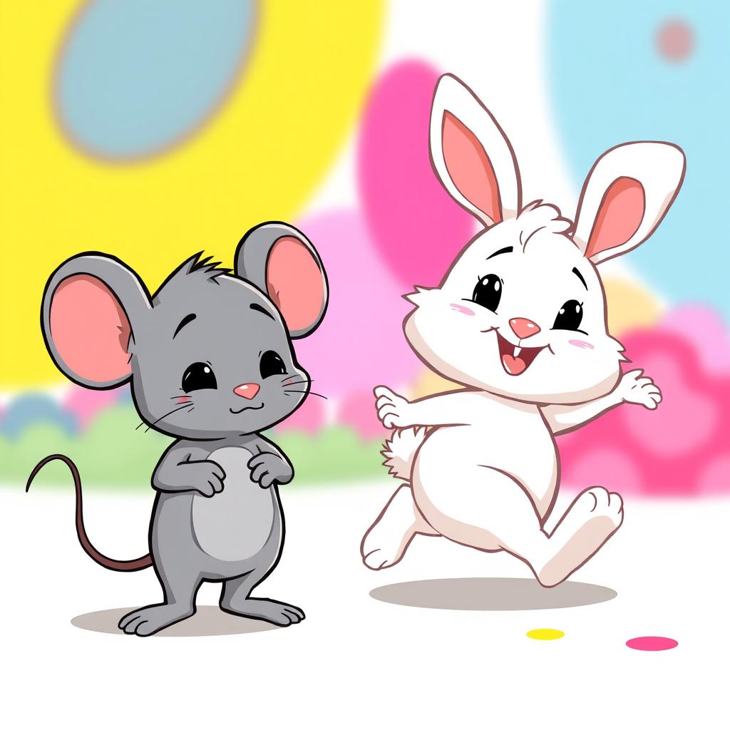 A charming cartoon scene featuring a grey Mousey character standing next to a fluffy white bunny