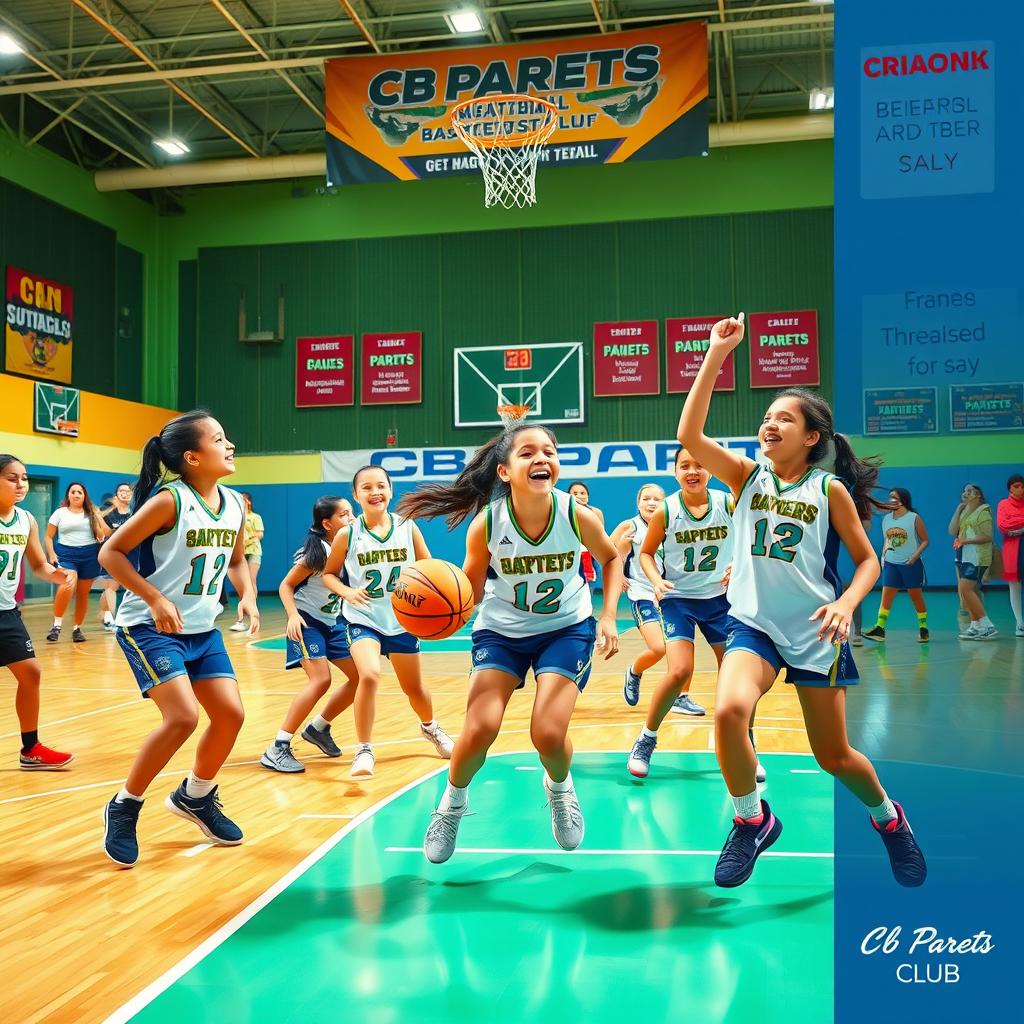A vibrant basketball scene featuring enthusiastic young girls playing basketball, demonstrating teamwork and joy