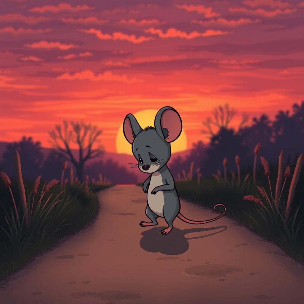 A grey cartoon mouse named Mousey walking alone on a charming path during sunset