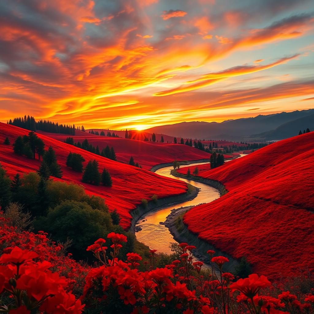 A vibrant landscape featuring rolling hills under a dramatic sunset sky, with lush trees and a tranquil river flowing through the scene