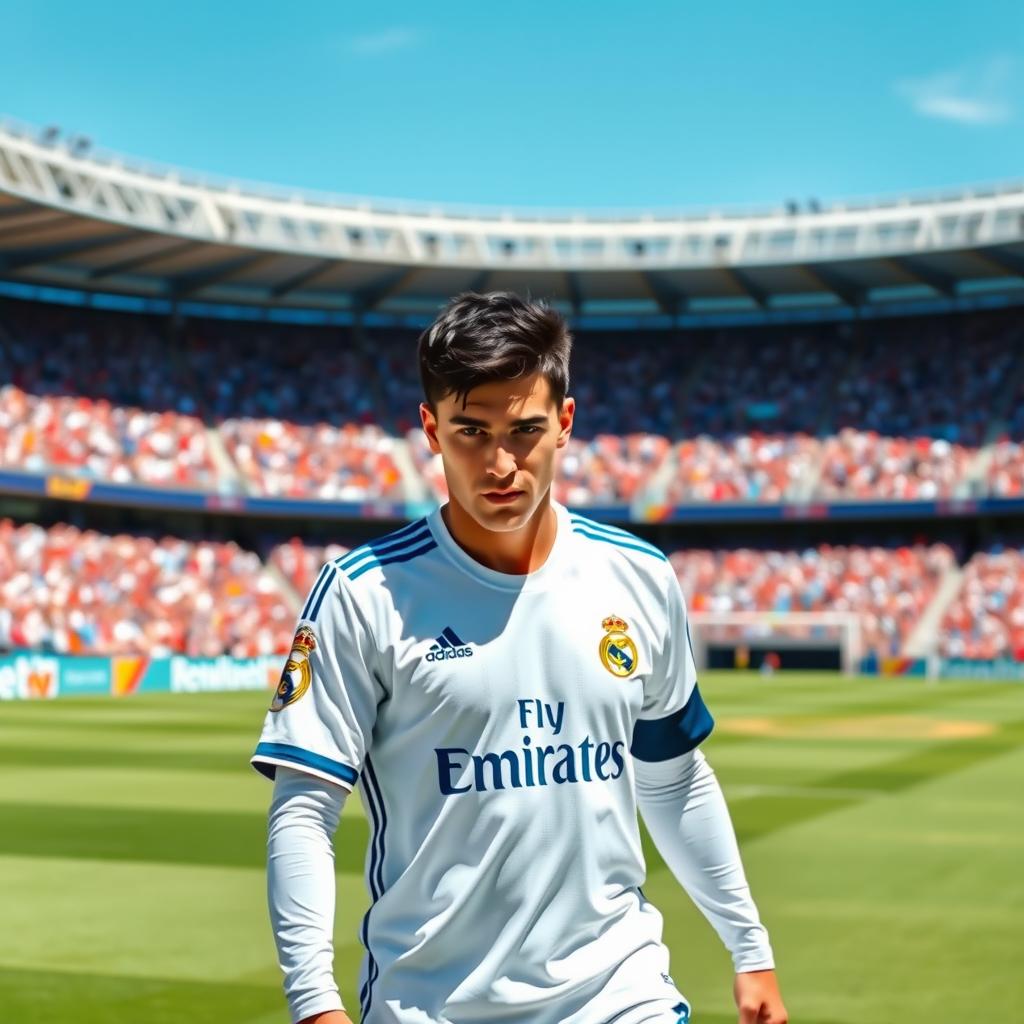 A professional male football player standing on a grassy football field, wearing a Real Madrid kit, showcasing the team's iconic white jersey with blue accents and the club's crest prominently displayed