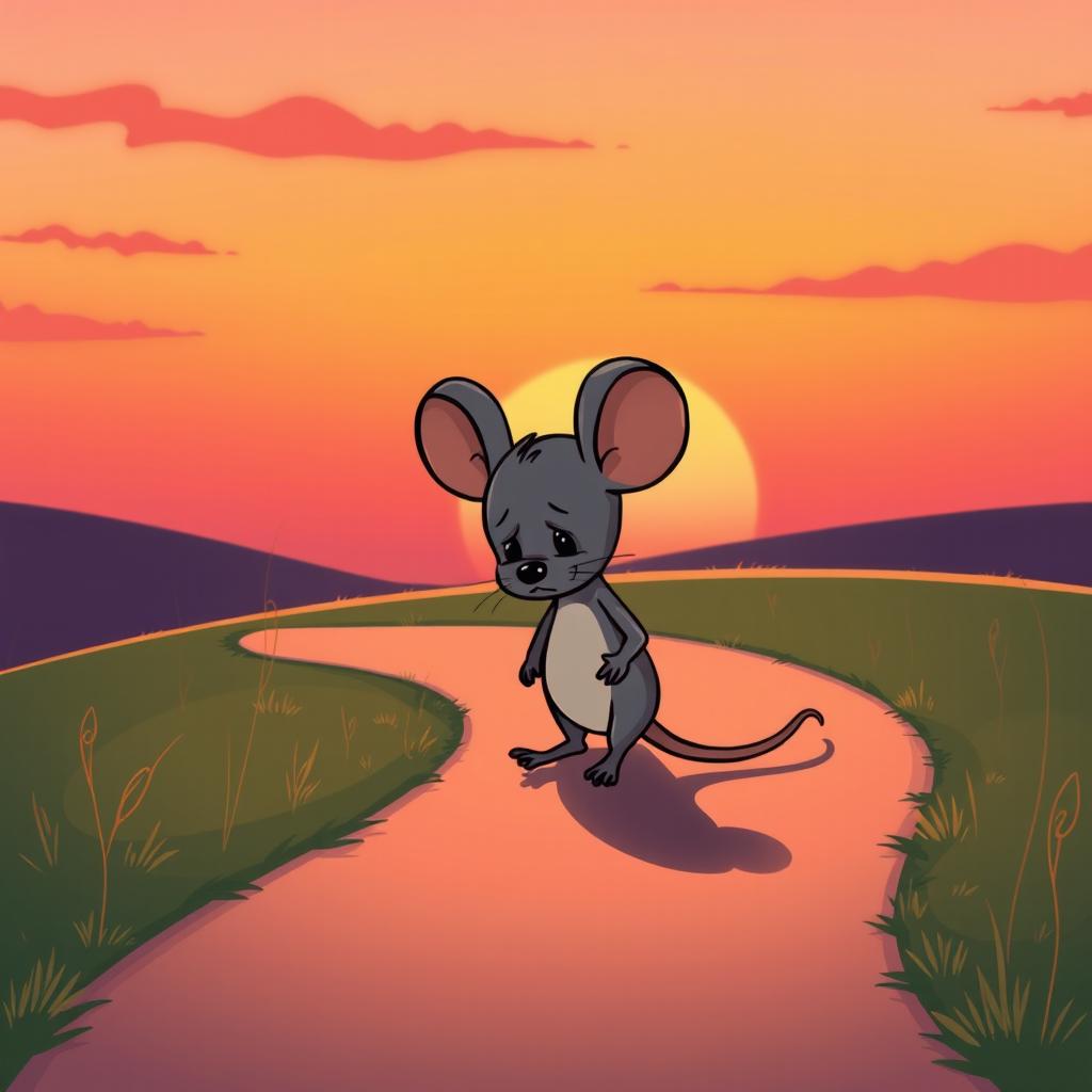 A grey cartoon mouse walking alone on a winding path during sunset