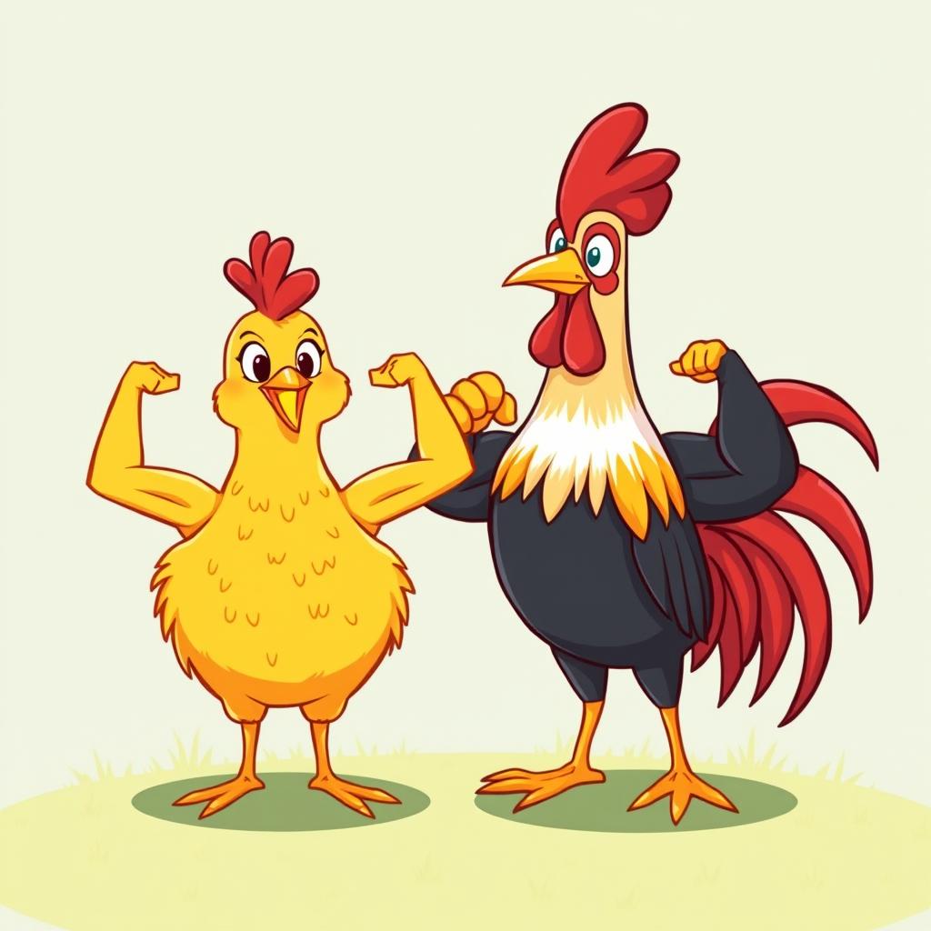 A cartoon-style illustration of a small chicken (malé kurča) and a rooster (kohút) standing next to each other showing off their biceps