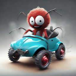 A creative and whimsical image of a cute girl spider driving a HUMO car, with her multiple legs grabbing onto the wheel and gears.