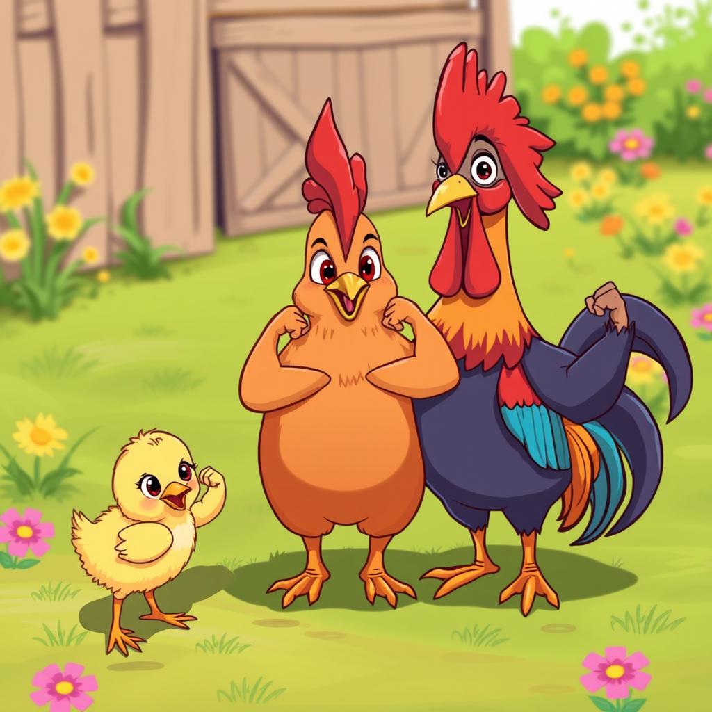 A cute, cartoonish scene featuring a small chick, a hen, and a rooster standing close together