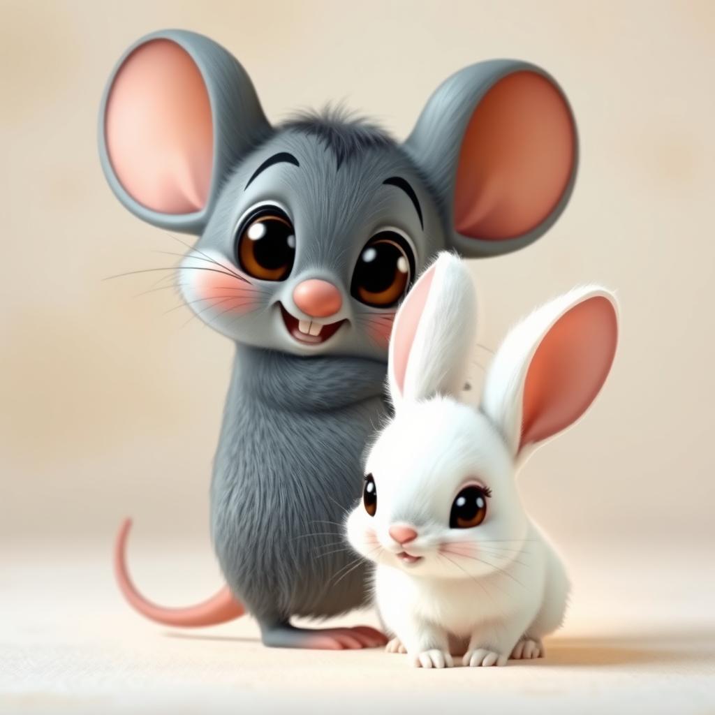 A cute grey cartoon mouse turning around in surprise, showcasing big expressive eyes and a whimsical smile
