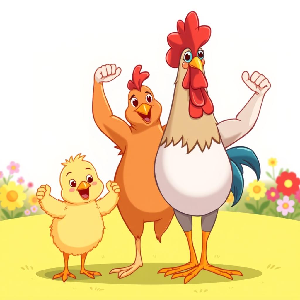 A charming, cartoon-style illustration of a small chick, a hen, and a rooster standing side by side