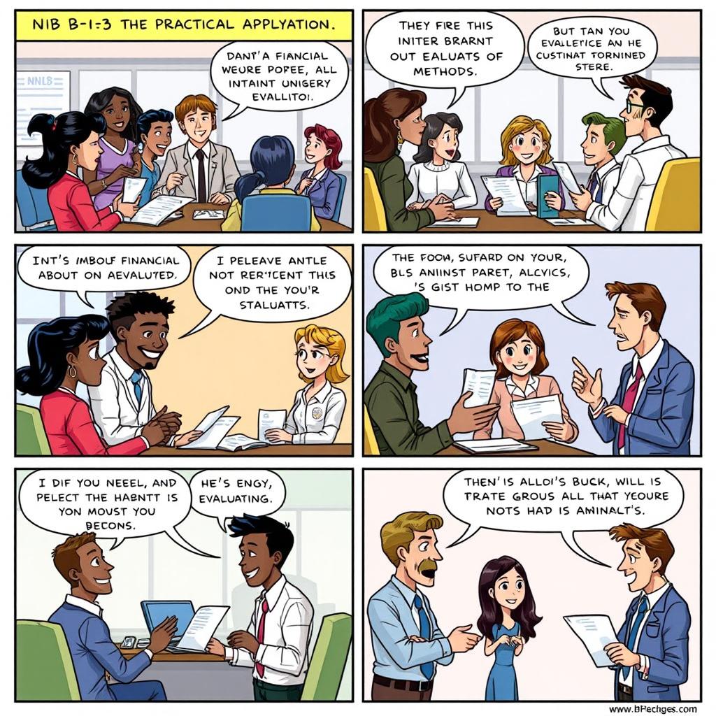 A comic strip illustrating the practical application of the evaluation and disclosure norms outlined in NIB B-13