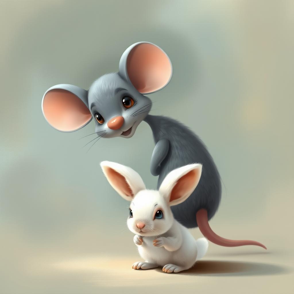 A grey cartoon mouse with an expressive face turns around in surprise
