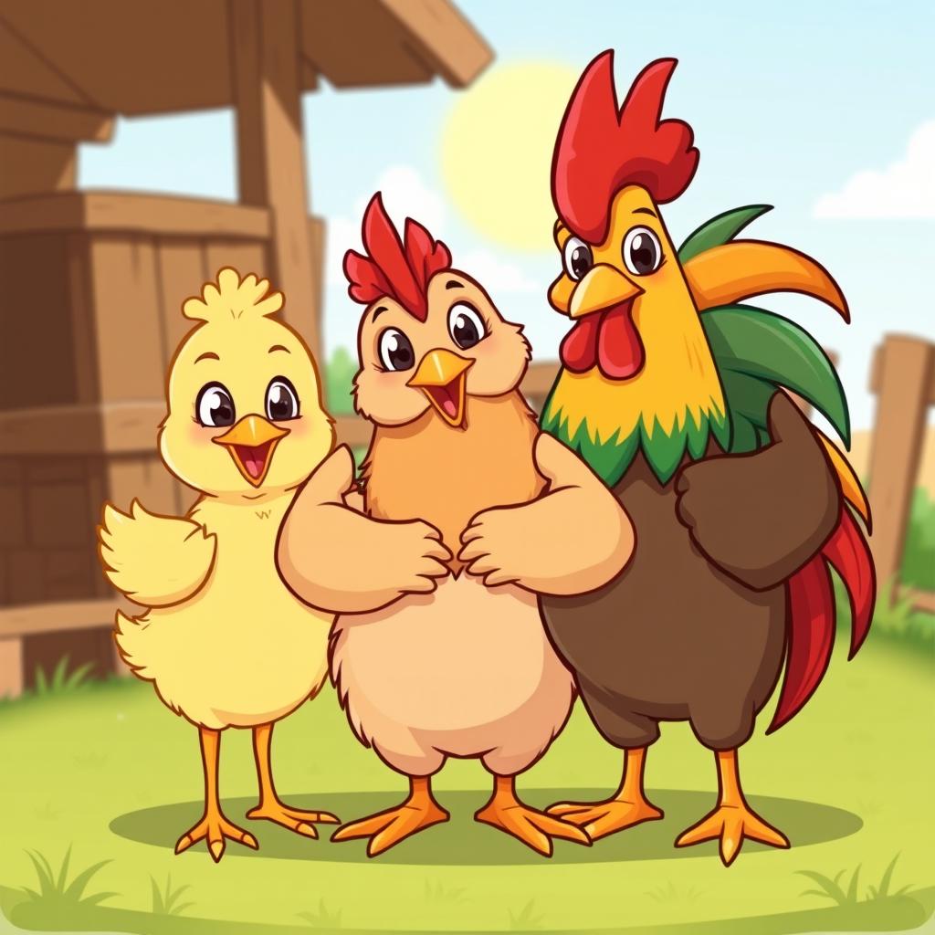 A charming cartoon illustration featuring a cute little chick, a hen, and a rooster standing together, proudly showing off their biceps