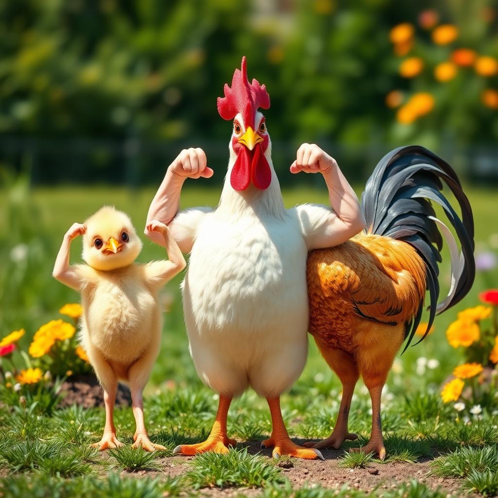 A cheerful scene depicting a cute little chick, a fluffy hen, and a proud rooster standing side by side