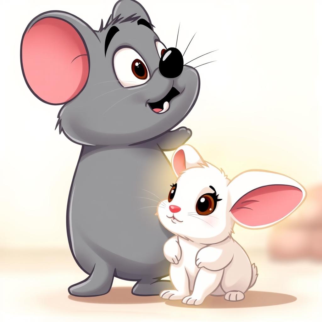 A grey cartoon mouse character turning around in surprise, with large expressive eyes and an exaggerated cartoonish expression