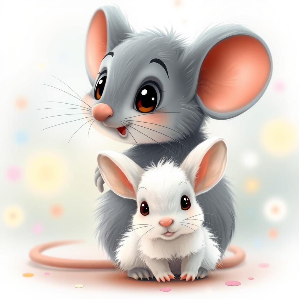 A charming grey cartoon mouse turning around in surprise, with a surprised facial expression