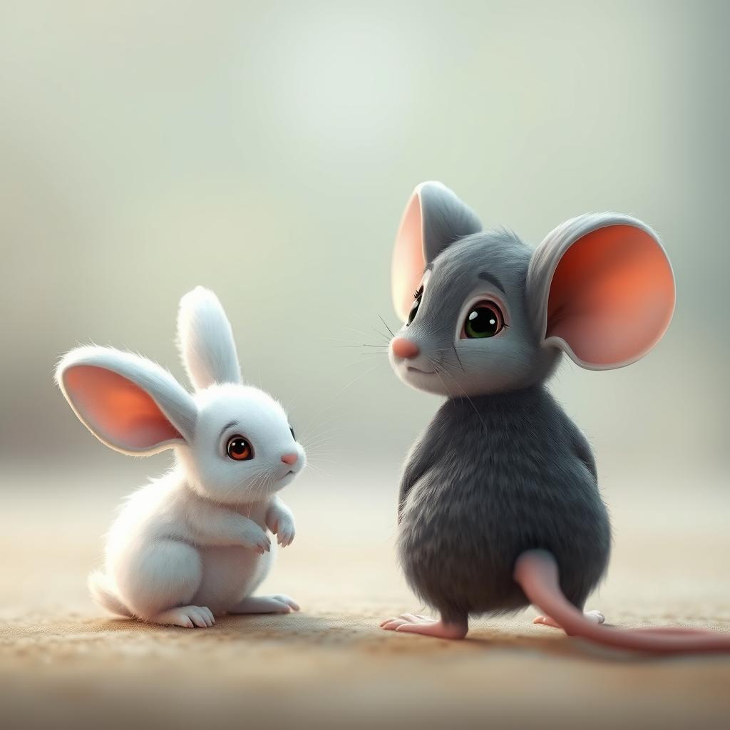 A charming grey cartoon mouse turns around in surprise to face an adorable baby rabbit with soft white fur and big ears