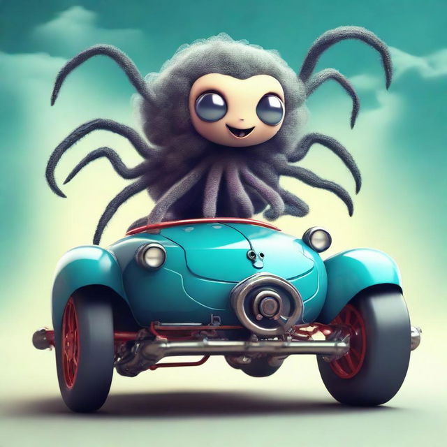 A creative and whimsical image of a cute girl spider driving a HUMO car, with her multiple legs grabbing onto the wheel and gears.