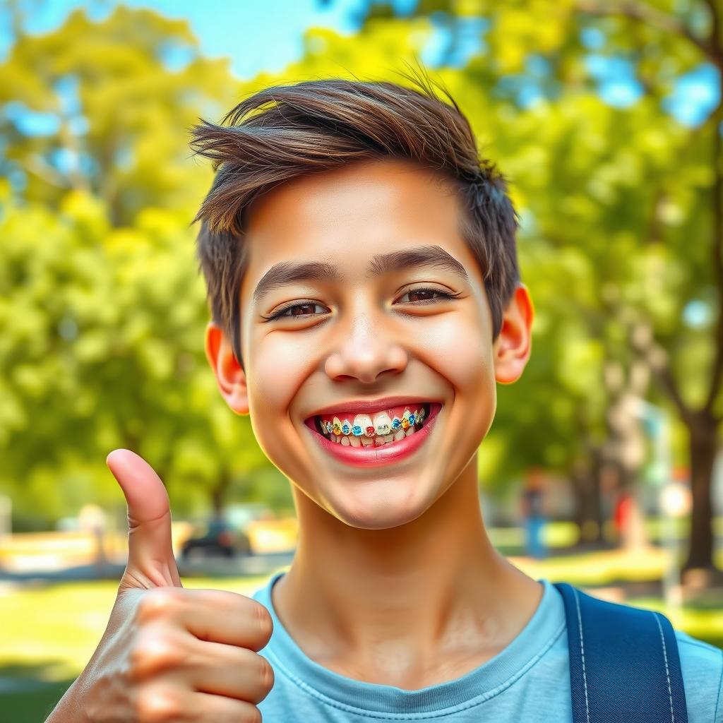 A vibrant portrait of a teenager with braces on their teeth, smiling brightly