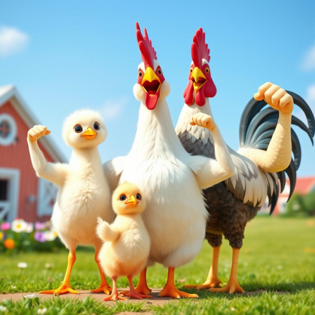 A delightful scene featuring a small, adorable chick, a fluffy hen, and a proud rooster standing together
