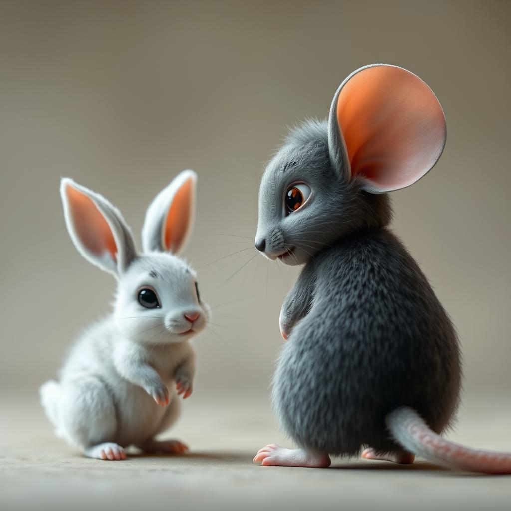 An adorable grey cartoon mousey turning around in surprise, facing a small, cute baby rabbit with soft white fur and big ears