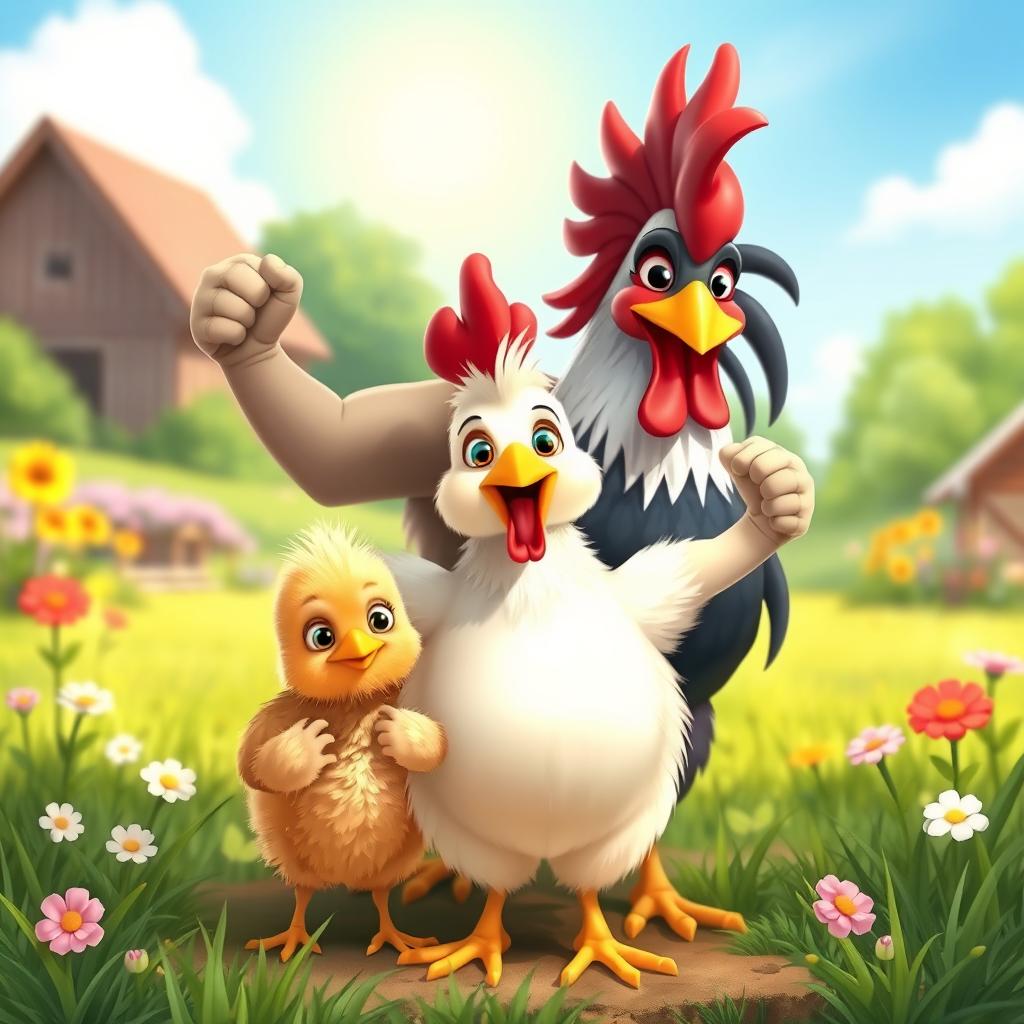 A charming and whimsical scene featuring a small, adorable chick, a fluffy hen, and a proud rooster standing closely together
