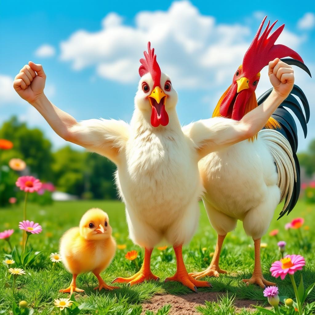 A very cute image featuring a small chick, a fluffy hen, and a proud rooster standing together