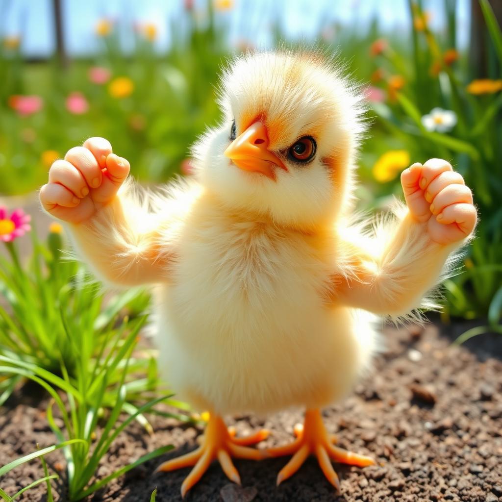 A cute and humorous scene featuring a small, fluffy chick proudly flexing its tiny biceps
