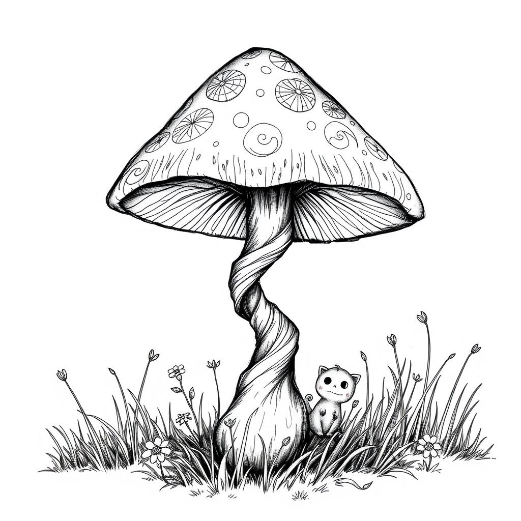 A whimsical and intricate black sketch of a fairytale mushroom, featuring delicate patterns on the mushroom cap and a twisty, textured stem