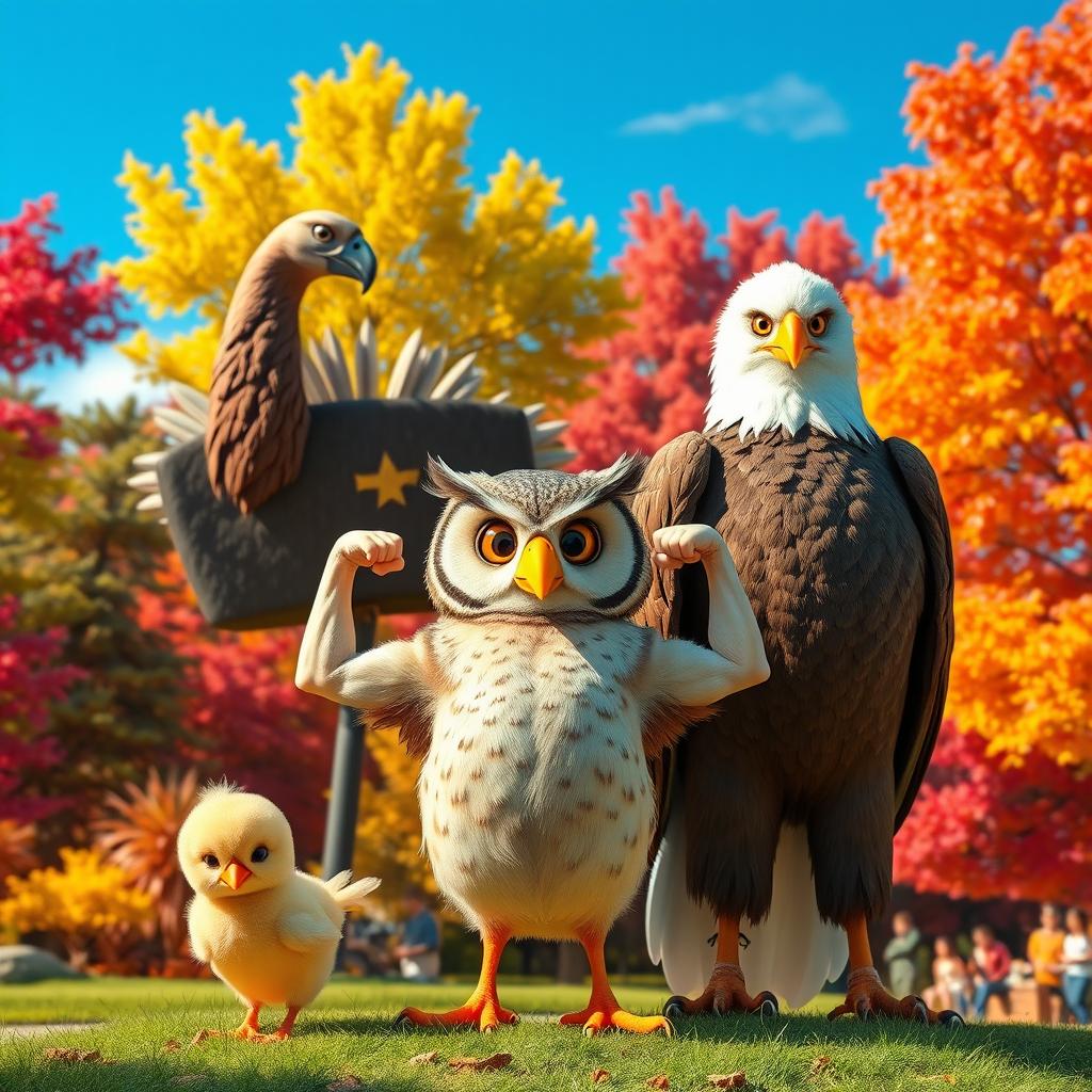 A whimsical and playful scene featuring a small chick, an owl, and an eagle each proudly flexing their biceps