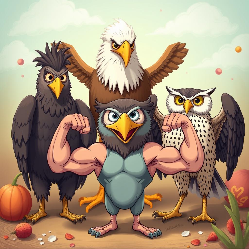 A stylized scene featuring a character resembling a quirky creature or cartoon, showcasing its well-defined biceps in a humorous and proud manner