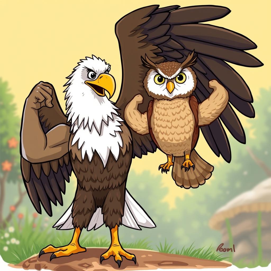 A combined, whimsical illustration of an eagle and an owl showcasing their well-defined biceps in an exaggerated and humorous manner
