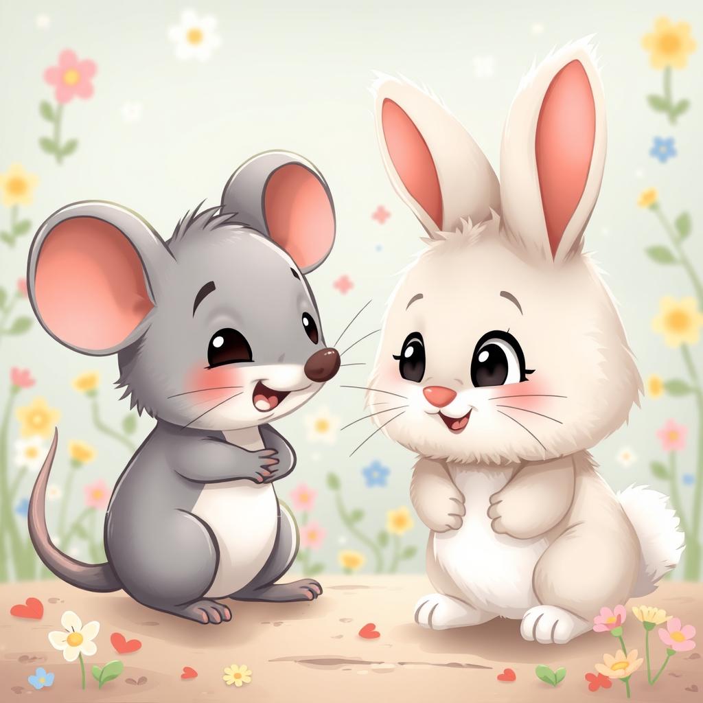 An endearing scene featuring a grey cartoon mouse named Mousey and a fluffy baby rabbit named Fluffy facing each other